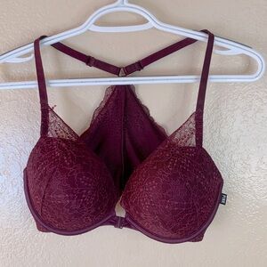 Pink Victorias Secret Burgundy Lace Snap Front Daye Pushup Bra Size 32DD